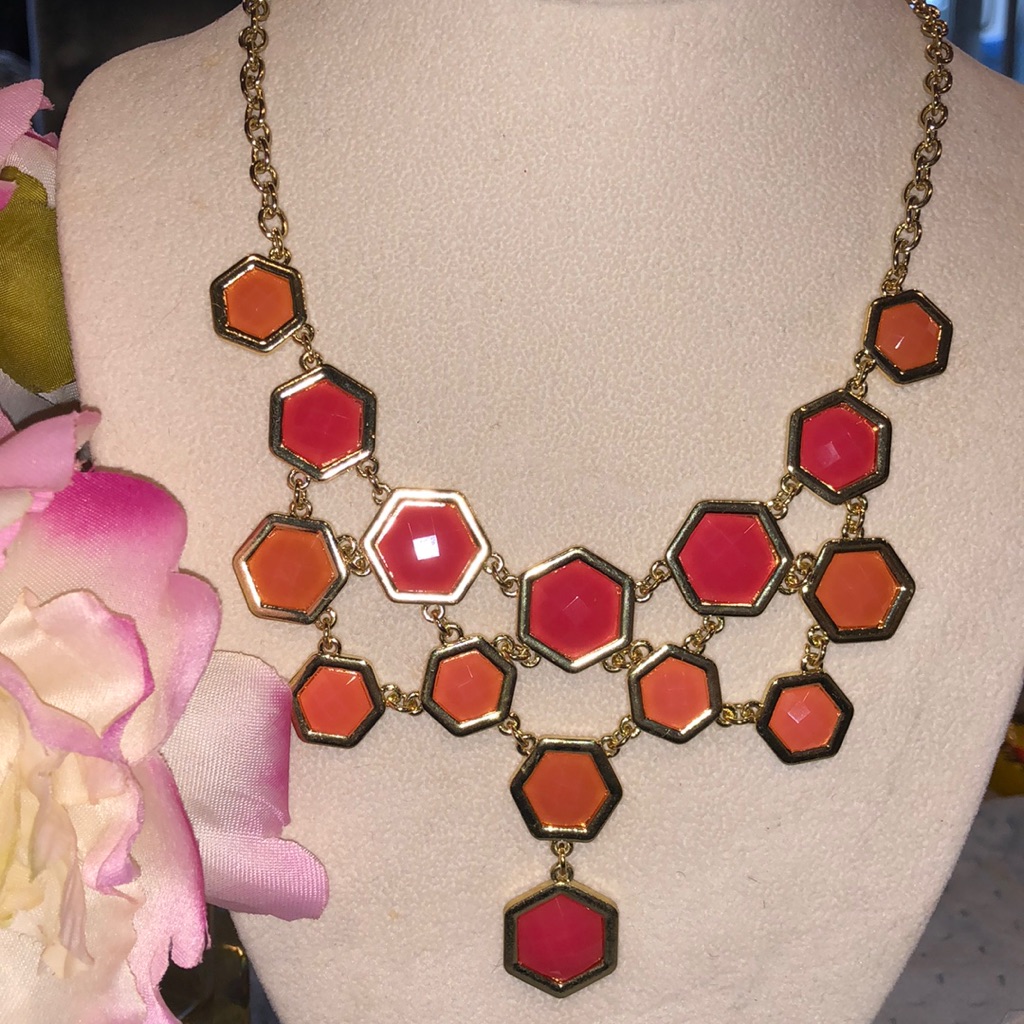Pink And Orange Hexagon Statement NecklaceNwt 24$